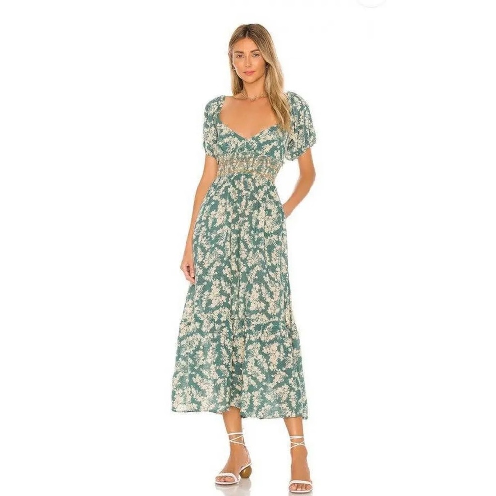Free People Sage Floral Maxi Dress with Puff Sleeves